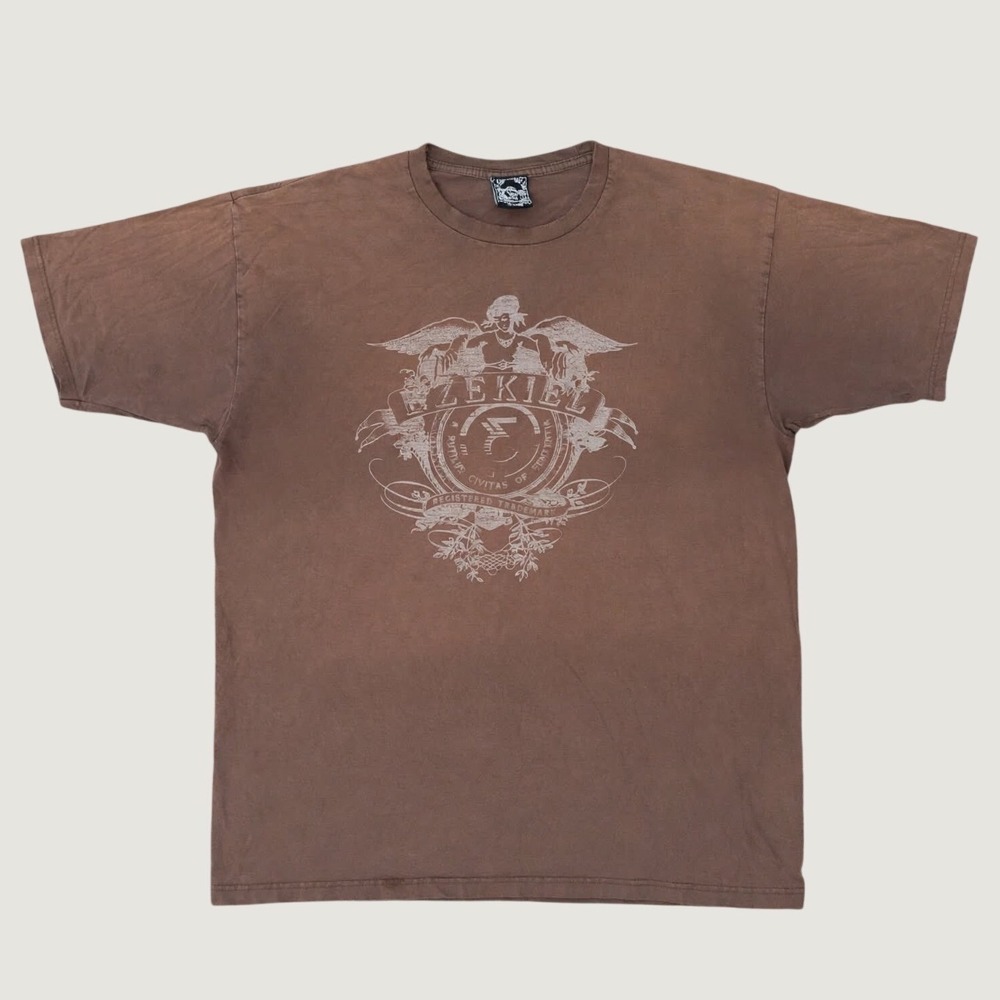 Ezekiel T Shirt Mens XL Brown Y2K Skate Crest Graphic Tee Faded Distressed AS IS